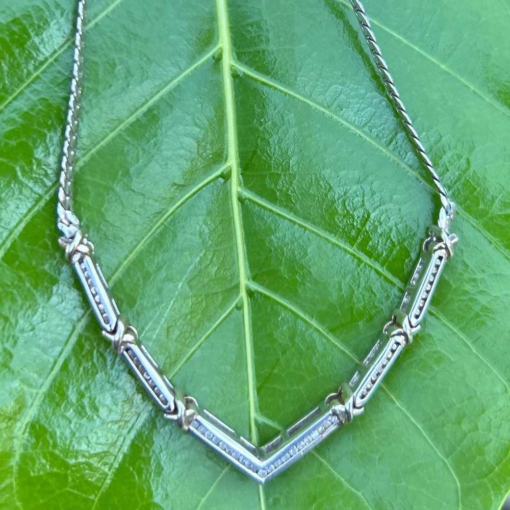 HN Heng Ngai Sterling Silver 925 two tone with diamonds V shaped necklace 17”